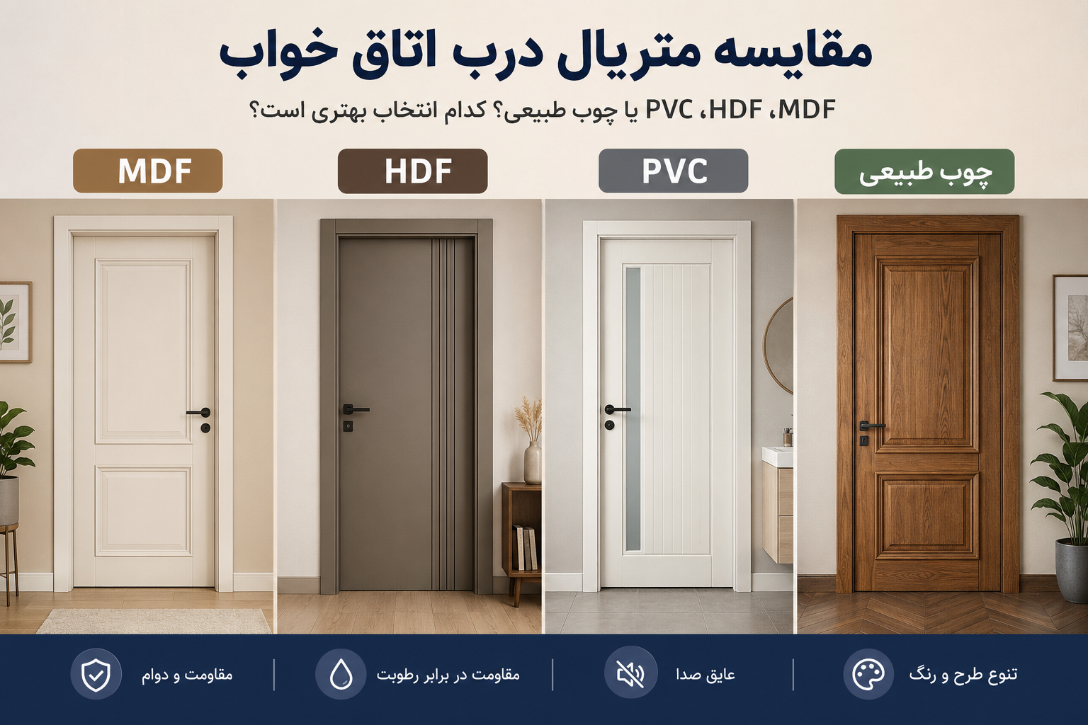 مقایسه متریال درب اتاق خواب؛ MDF، HDF، PVC یا چوب طبیعی؟